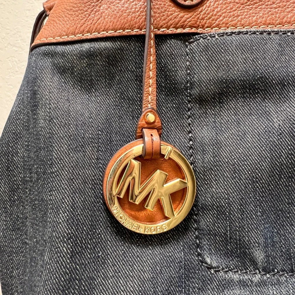 Michael Kors Marina Drawstring Denim Brown Leather Tote Shoulder Bag Designer